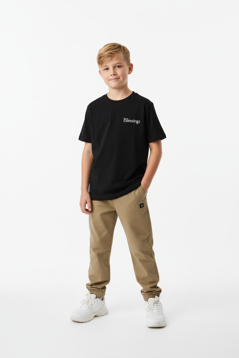 12 Year Old White Model - Black Tee WHITE Text Khaki Joggers